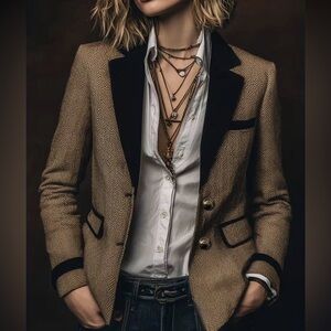 Couture herringbone tweed blazer featuring contrast velvet accents, gold buttons